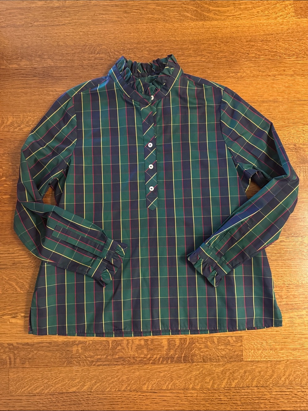 Foxcroft Green and Navy Plaid Ruffle-Neck Long Sleeve Shirt